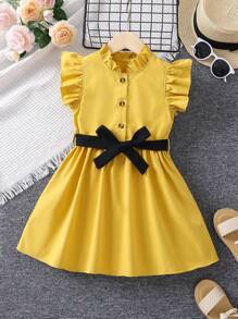 SHEIN Vestido de fiesta dulce y cómodo de Color sólido amarillo para niña joven con cuello levantado y mangas con volantes para el verano - Amarillo - Ver 1