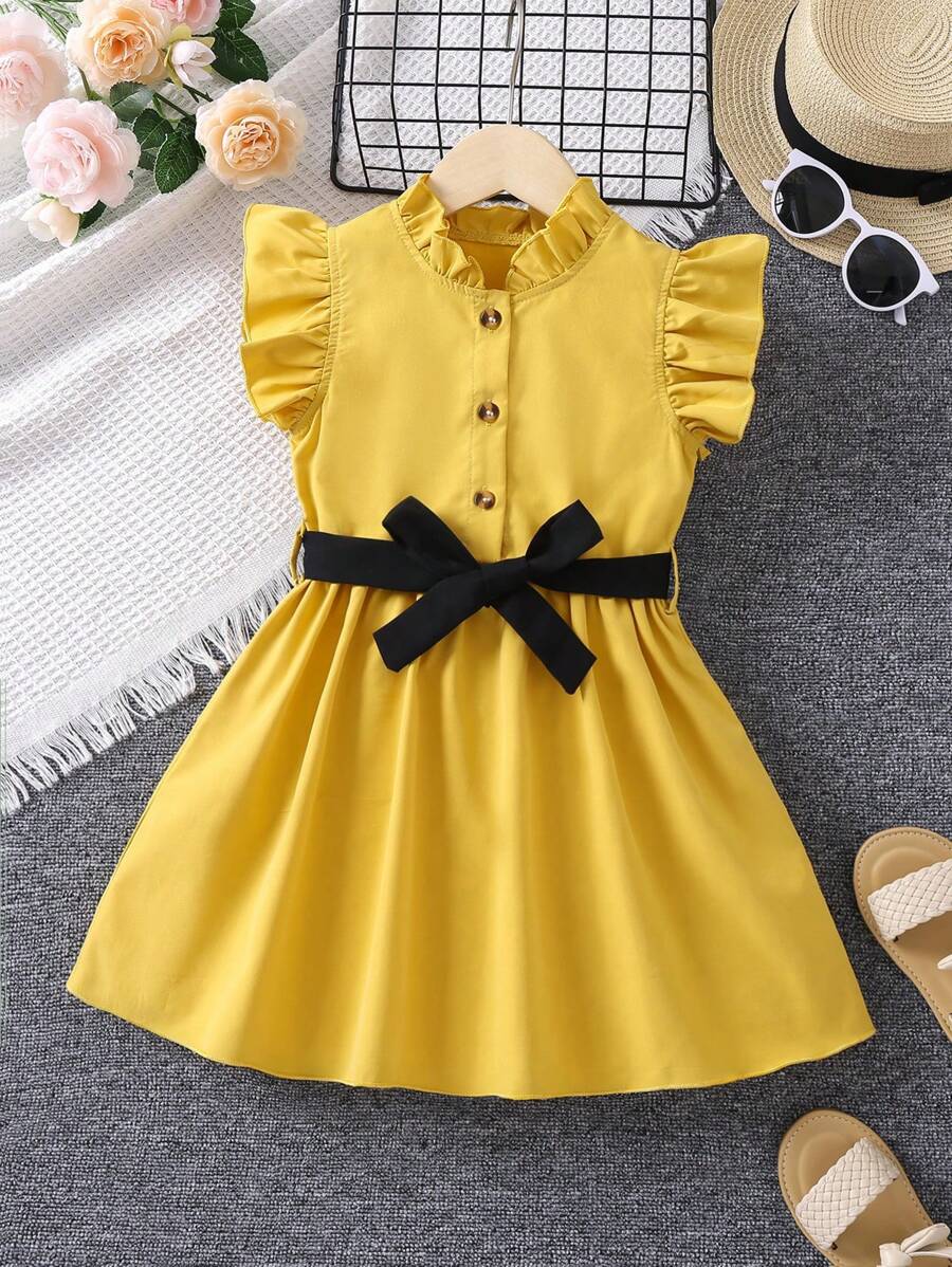 SHEIN Vestido de fiesta dulce y cómodo de Color sólido amarillo para niña joven con cuello levantado y mangas con volantes para el verano - Amarillo - Ver 1