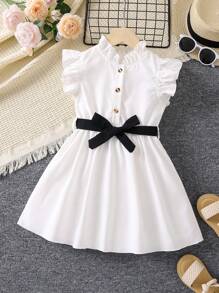 SHEIN Young Girl White Solid Color Elegant Simple Fashionable Dress With Peter Pan Collar And Ruffled Sleeves For Summer - White - View 1