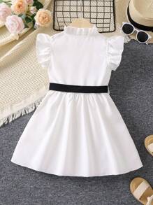 SHEIN Young Girl White Solid Color Elegant Simple Fashionable Dress With Peter Pan Collar And Ruffled Sleeves For Summer - White - View 2