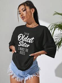 SHEIN EZwear 標語圖案落肩袖超大號T恤 - 黑色 - 查看 4