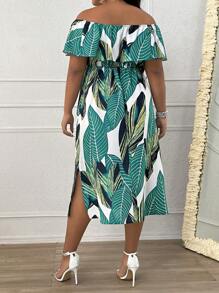 SHEIN LUNE Plus Tropical Print Off Shoulder Ruffle Trim Dress - Green - View 2