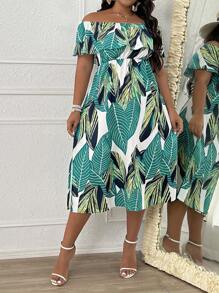 SHEIN LUNE Plus Tropical Print Off Shoulder Ruffle Trim Dress - Green - View 4