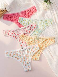 5pack Strawberry Print Cut Out Heart Ring Decor Panty - Multicolor - View 2
