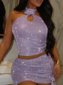 unicolor Top halter & con diseño fruncido Falda - Morado - Ver 5