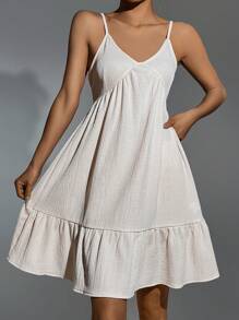 素色荷葉邊吊帶睡裙 - 米色 - 查看 5