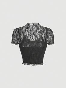 SHEIN MOD Mock Neck Lettuce Trim Lace Tee - Black - View 2