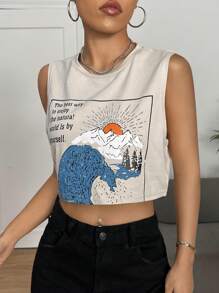 SHEIN EZwear 波浪和口号图案背心 享受世界的最佳方式是独自一人 - 卡其色 - 查看 1