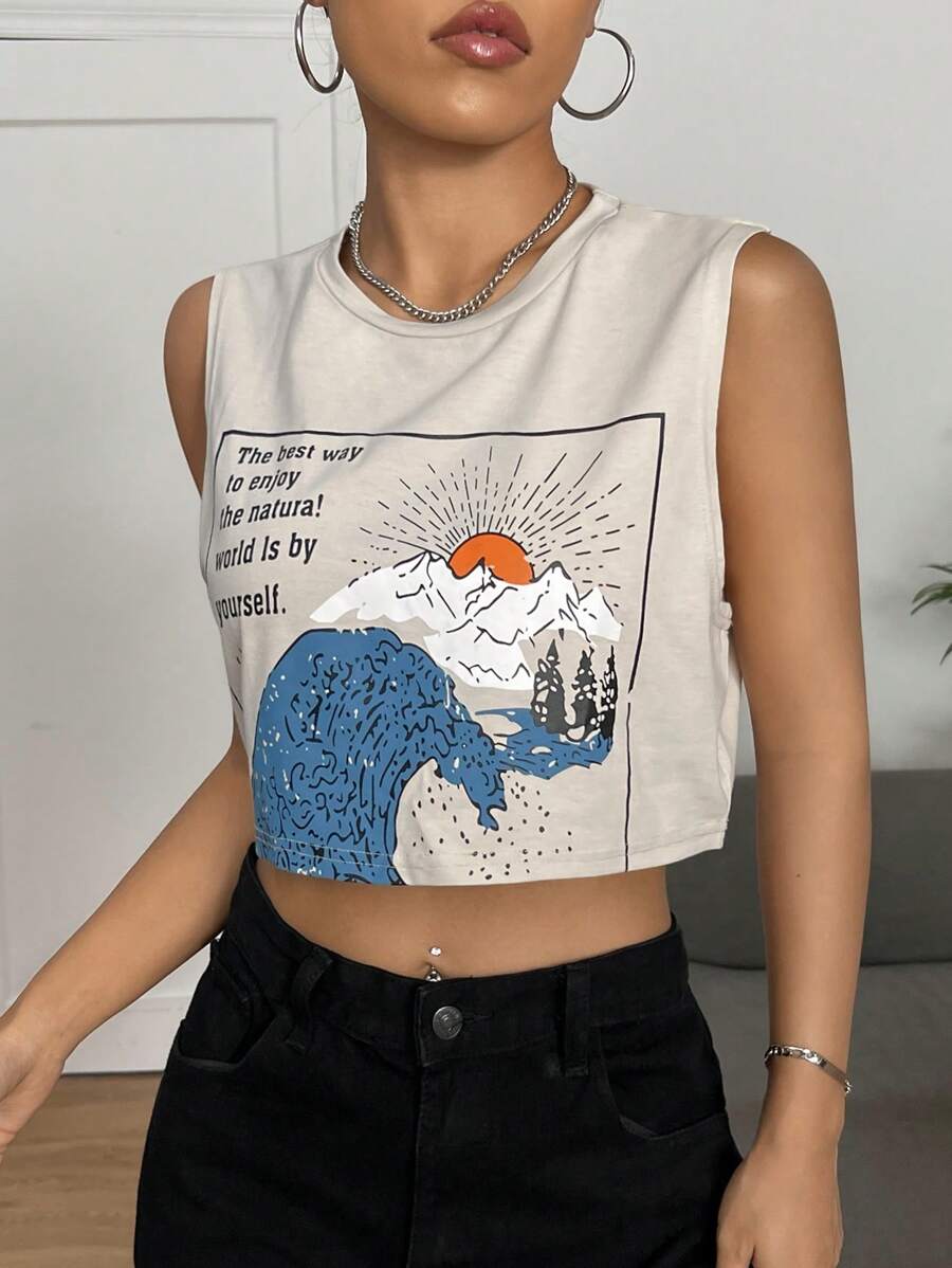 SHEIN EZwear Top Đồ Họa Wave & Slogan Cách Tốt Nhất Để Tận Hưởng Thế Giới Là Chính Mình - Màu Khaki - Xem 1