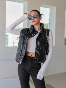 DAZY 拉链前开襟羽绒背心加厚口袋外套，冬季女装，女士绗缝外套皮夹克 - 黑色 - 查看 5