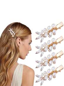 4入組水鑽和人造珍珠裝飾髮夾 - 金色 - 查看 1