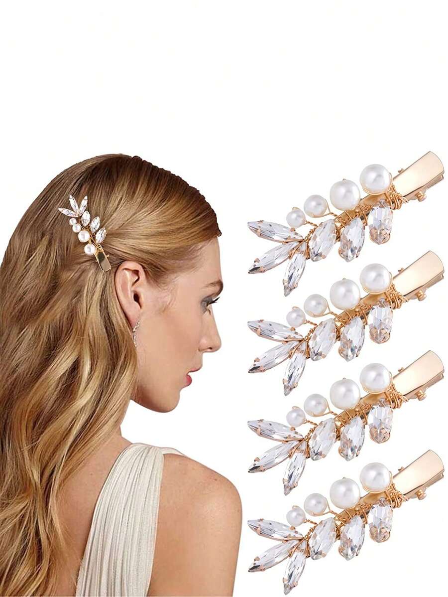 4入組水鑽和人造珍珠裝飾髮夾 - 金色 - 查看 1