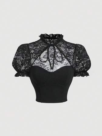 SHEIN MOD T-shirt court en dentelle à nœud manches bouffantes