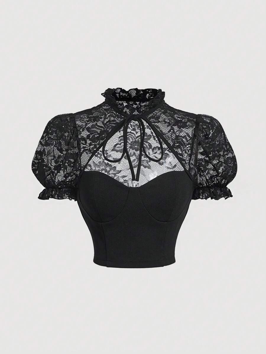 SHEIN MOD 蕾絲拼接繫帶領泡泡袖短款T恤