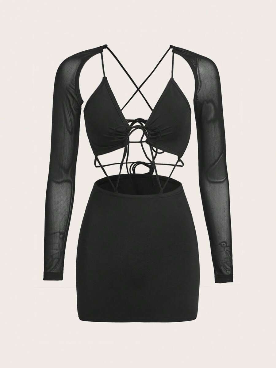 SHEIN ICON 鏤空前打結緊身洋裝帶前胸敞開短上衣 - 黑色 - 查看 1