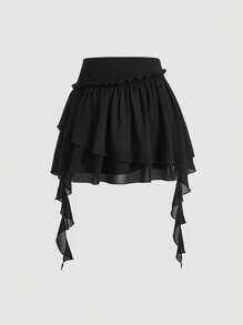 SHEIN MOD 黑色荷葉邊雪紡不對稱純色扭轉邊裙，佛朗明哥式裙子