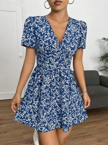 SHEIN PETITE In hoa Ditsy Ống tay áo Ngắn Mùa hè Đầm - Màu xanh lam - Xem 3