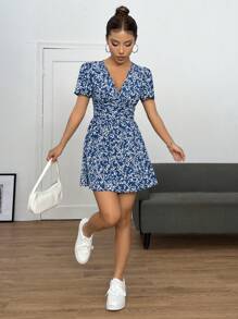 SHEIN PETITE In hoa Ditsy Ống tay áo Ngắn Mùa hè Đầm - Màu xanh lam - Xem 5