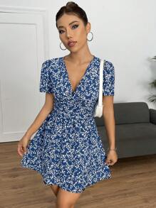 SHEIN PETITE In hoa Ditsy Ống tay áo Ngắn Mùa hè Đầm - Màu xanh lam - Xem 6