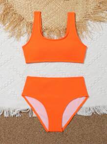 Tween Girl Neon Orange Summer Beach Wireless Bikini Set, Bathing Suit - Orange - View 3