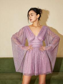 深V領亮片連衣裙 - 紫丁香色 - 查看 4