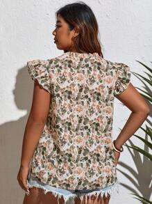 SHEIN VCAY 大码波西米亚风花卉印花缺口领口荷叶边衬衫，适合夏季 - 彩色 - 查看 2