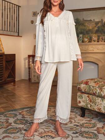 SHEIN Graviditetspyjamasset med kontrasterande spets och volangkant för mamma, mysiga och eleganta höst- och vinterkläder