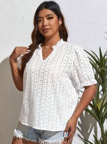 SHEIN VCAY Plus Eyelet Embroidery Notched Neckline Puff Sleeve Schiffy Blouse - White - View 6