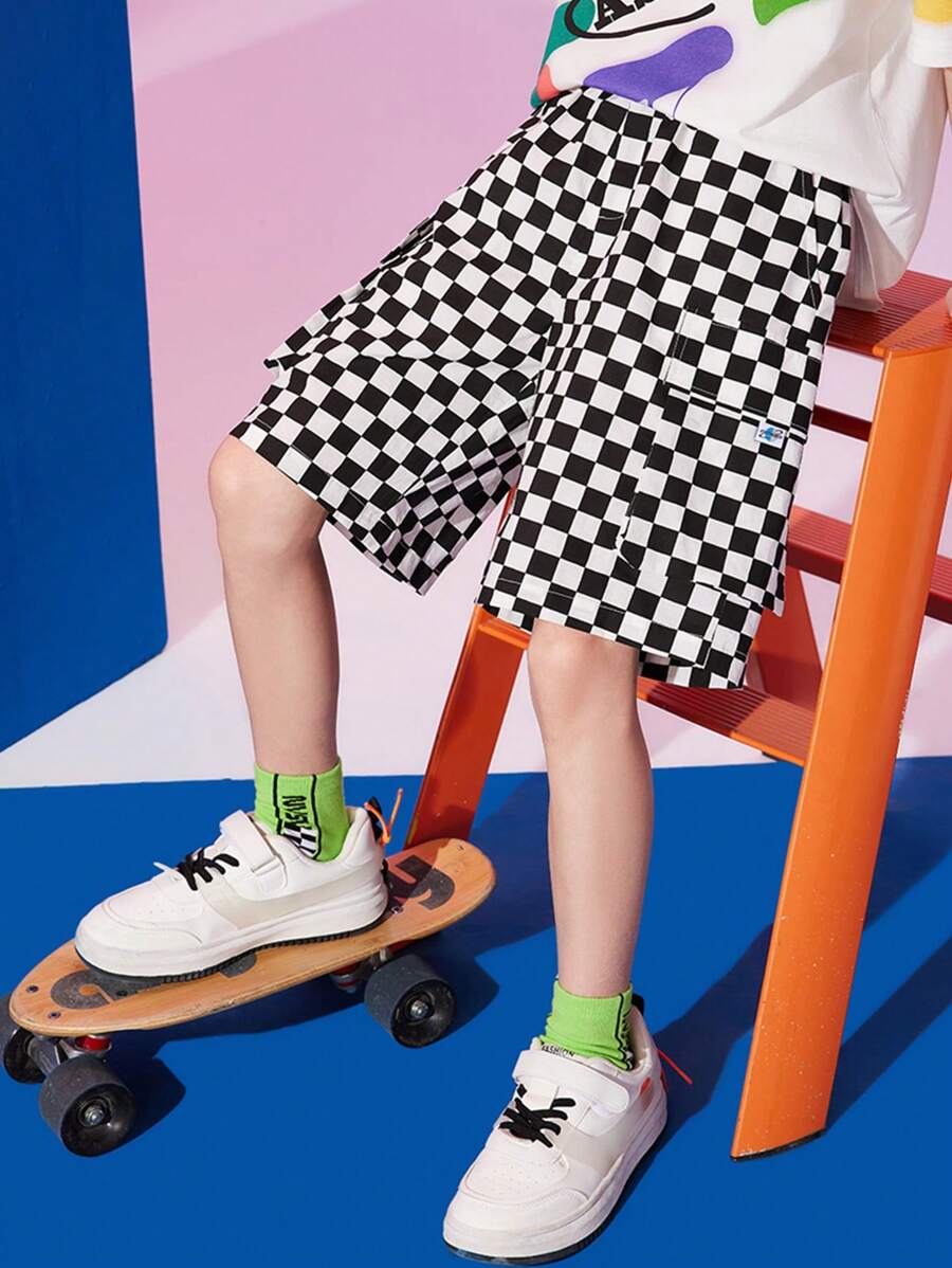 Boys Checker Print Shorts - Black and White - View 1