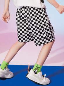 Boys Checker Print Shorts - Black and White - View 2
