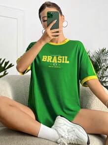 SHEIN EZwear Letter Graphic Drop Shoulder Ringer Tee - Green - View 1