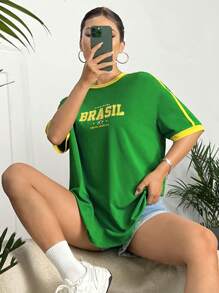 SHEIN EZwear Letter Graphic Drop Shoulder Ringer Tee - Green - View 3