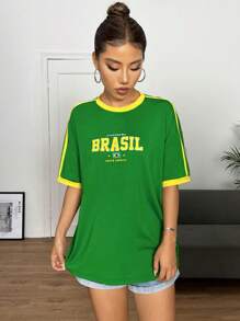 SHEIN EZwear Letter Graphic Drop Shoulder Ringer Tee - Green - View 5