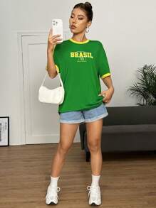 SHEIN EZwear Letter Graphic Drop Shoulder Ringer Tee - Green - View 6