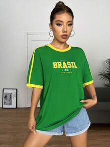 SHEIN EZwear Letter Graphic Drop Shoulder Ringer Tee - Green - View 7