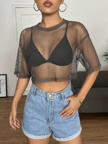 SHEIN EZwear Solid Drop Shoulder Mesh Top Without Bra - Grey - View 4