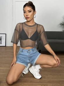 SHEIN EZwear Solid Drop Shoulder Mesh Top Without Bra - Grey - View 5