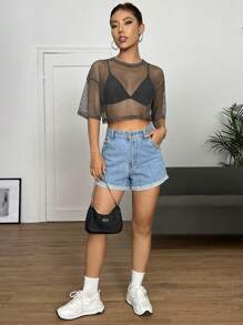 SHEIN EZwear Solid Drop Shoulder Mesh Top Without Bra - Grey - View 6