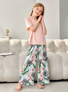 SHEIN Tween Girl Tropical Print PJ Set - Multicolor - View 3