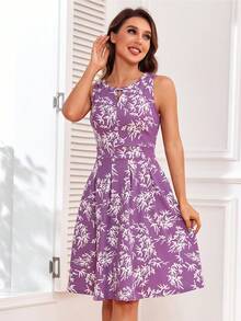 Leaf Print Keyhole Neckline Dress - Purple - View 3