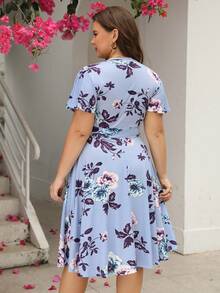 Nemidor Plus Size Boho Floral Print Belted Dress, For Summer - Violet Purple - View 2