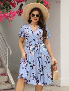 Nemidor Plus Size Boho Floral Print Belted Dress, For Summer - Violet Purple - View 4