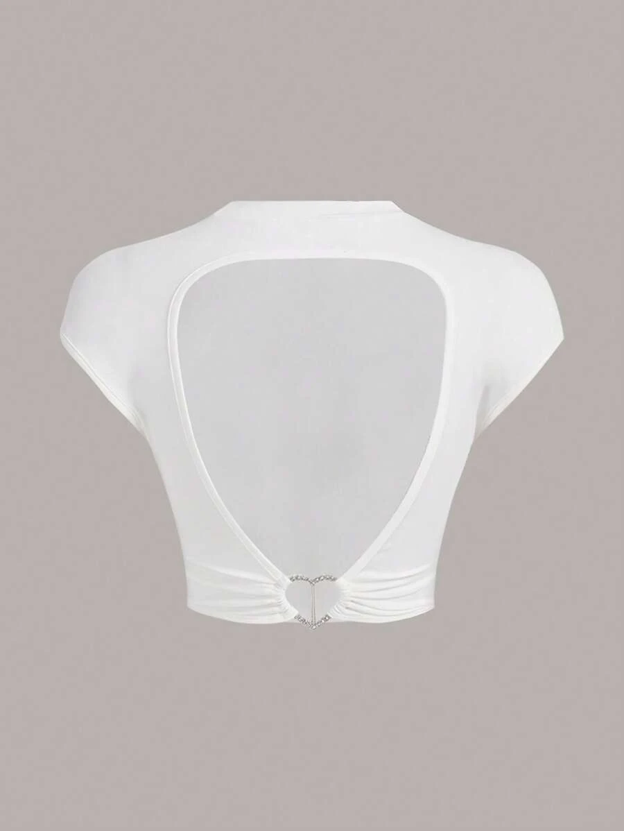 SHEIN ICON O形環細節鏤空露背短款T恤 - 白色 - 查看 1