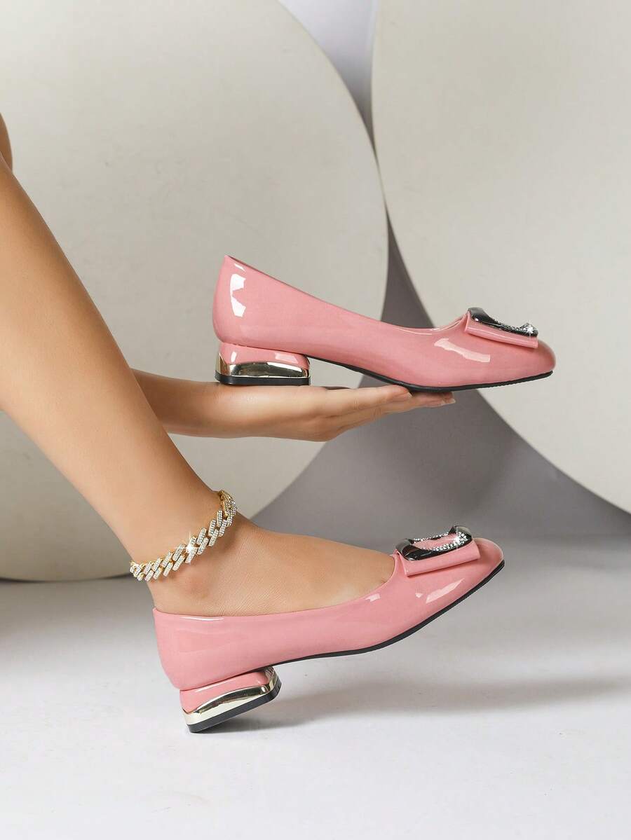 女性金屬裝飾方頭粗跟時尚高跟鞋