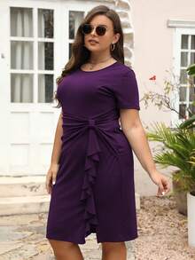 大碼荷葉邊側打結洋裝 - 紫色 - 查看 6