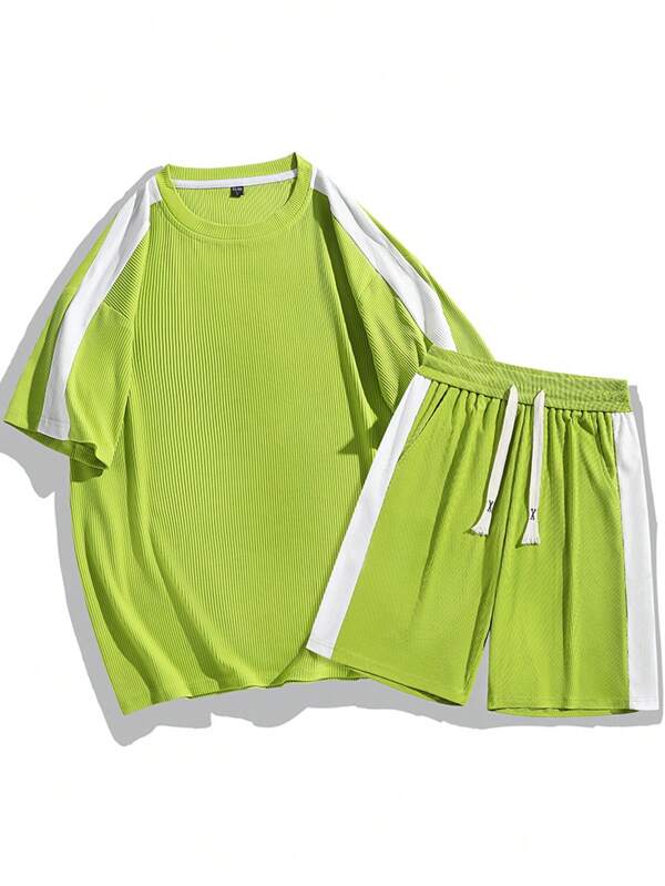 homens costura lateral de contraste Camiseta & cintura com cordão Shorts