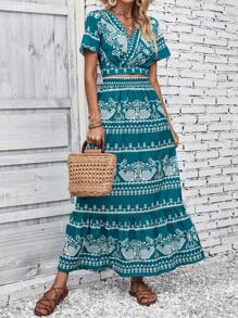 SHEIN VCAY Bộ đồ hai mảnh nữ Viên lá sen Trọn gói Bộ lạc Boho - Màu xanh Cadet - Xem 4