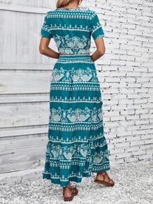 SHEIN VCAY Bộ đồ hai mảnh nữ Viên lá sen Trọn gói Bộ lạc Boho - Màu xanh Cadet - Xem 2