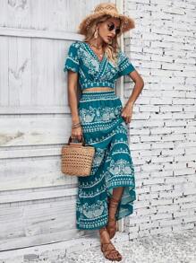 SHEIN VCAY Bộ đồ hai mảnh nữ Viên lá sen Trọn gói Bộ lạc Boho - Màu xanh Cadet - Xem 1
