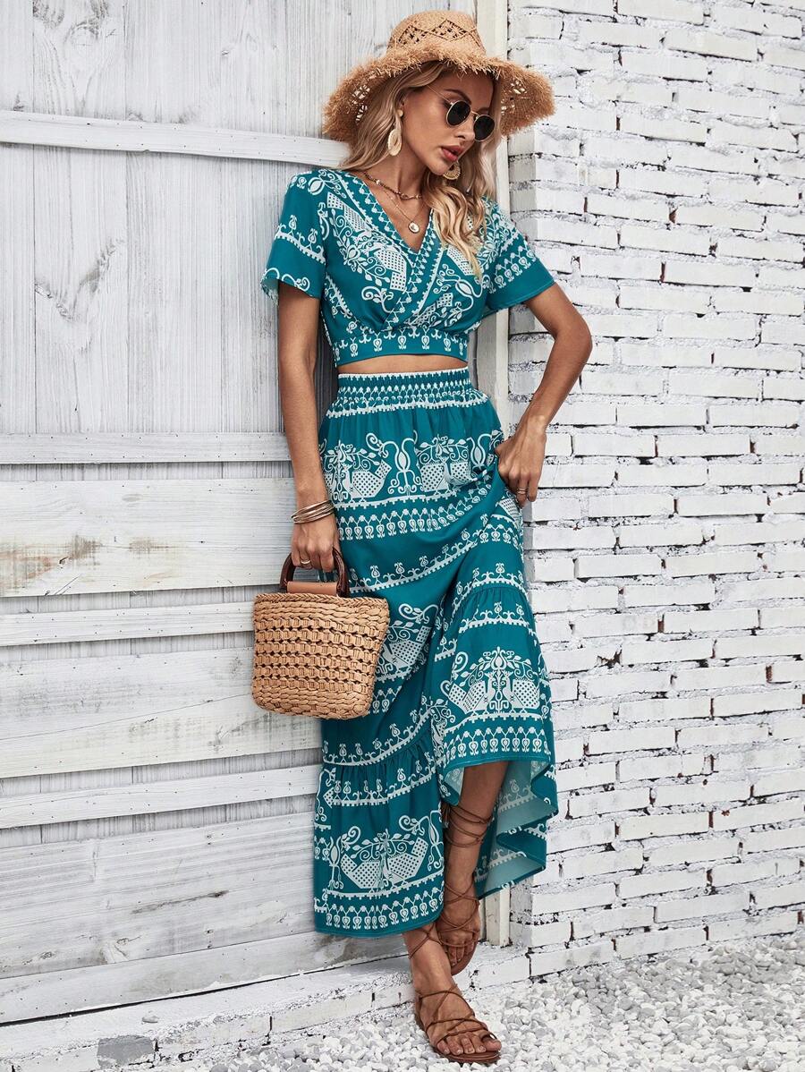 SHEIN VCAY Bộ đồ hai mảnh nữ Viên lá sen Trọn gói Bộ lạc Boho - Màu xanh Cadet - Xem 1